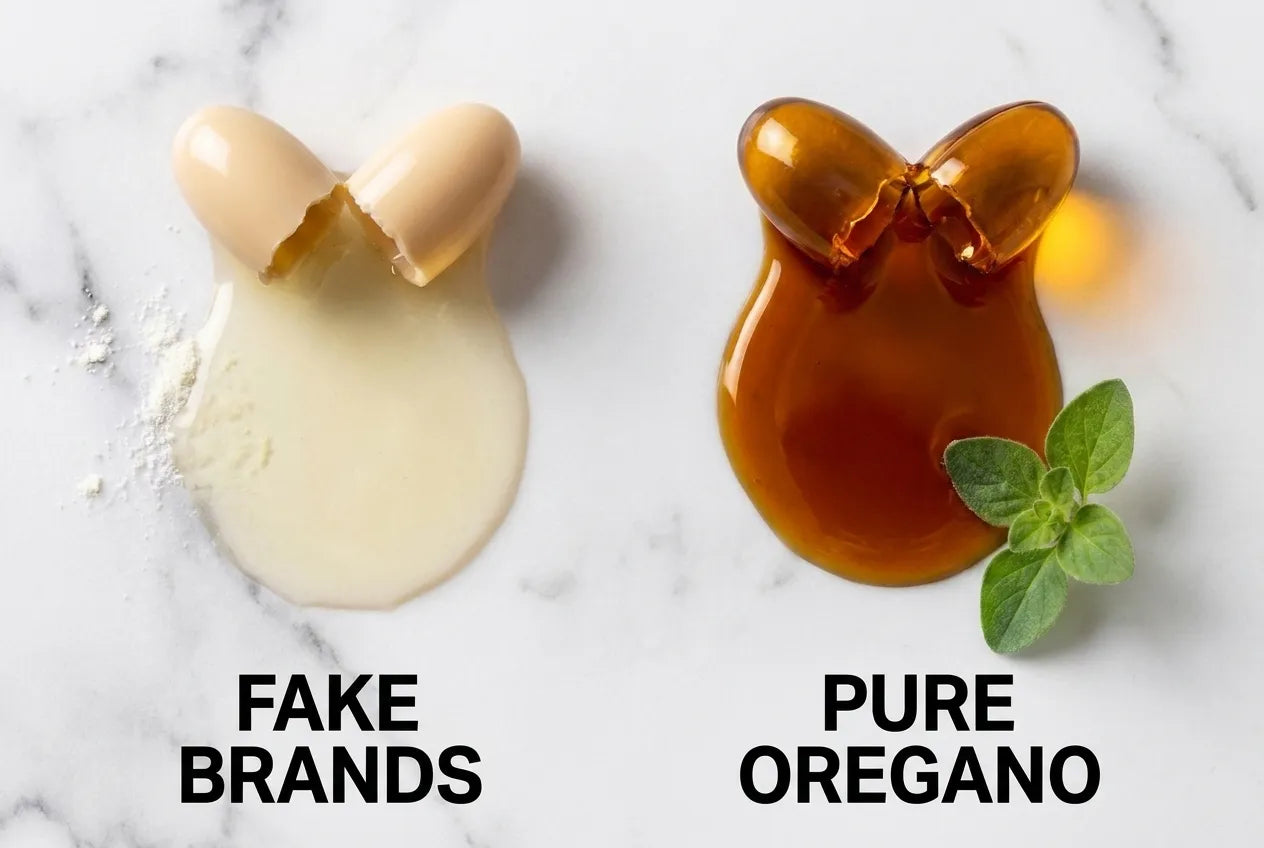 Side-by-side comparison: pale, watery fake oil of oregano next to rich amber-gold pure oregano oil