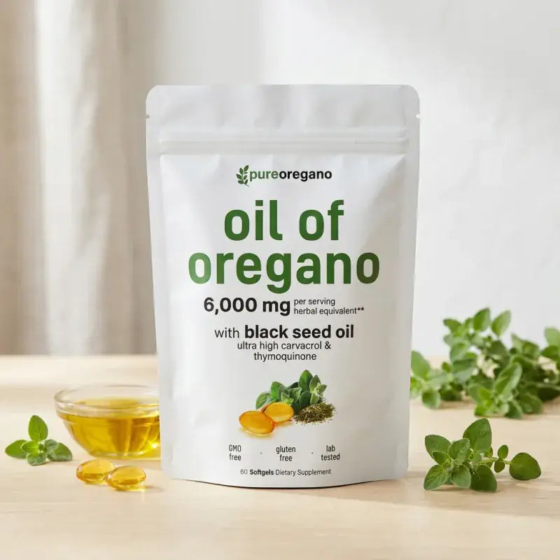 Pure Oregano oil of oregano with black seed oil, 6,000 mg, 60 softgels.