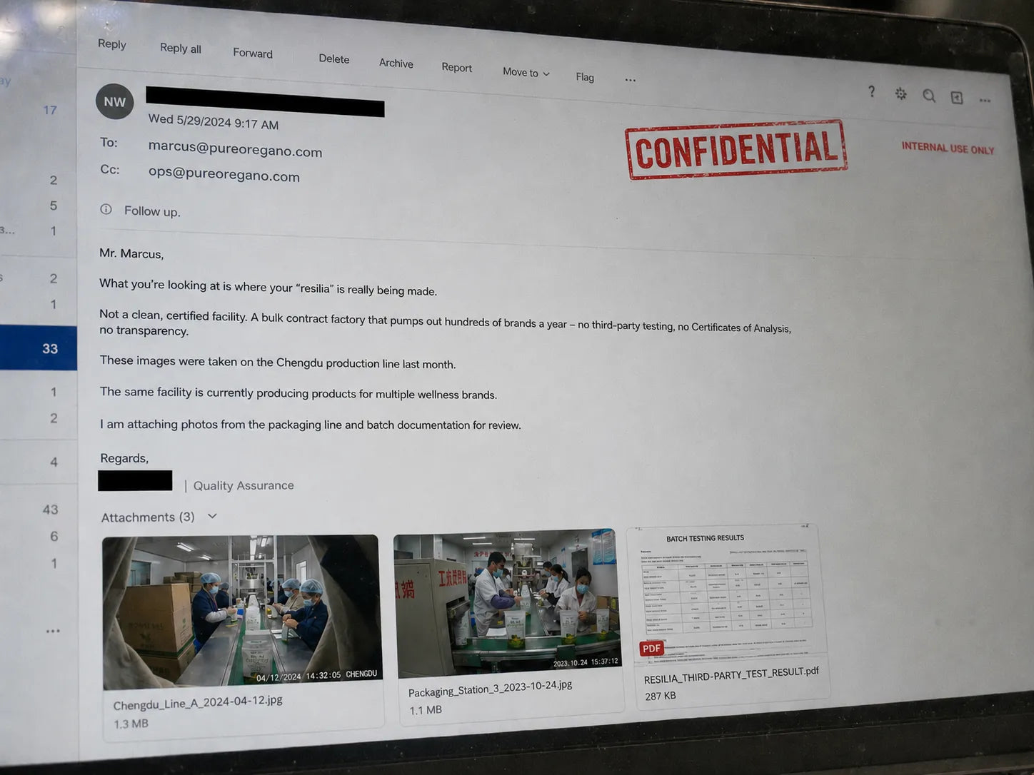 Leaked internal email stamped CONFIDENTIAL, sender name redacted, reading: What you're looking at is where your 'premium wellness brand' is really being made. Not a clean, certified facility. A bulk contract factory that pumps out hundreds of brands a year - no third-party testing, no Certificates of Analysis, no accountability.