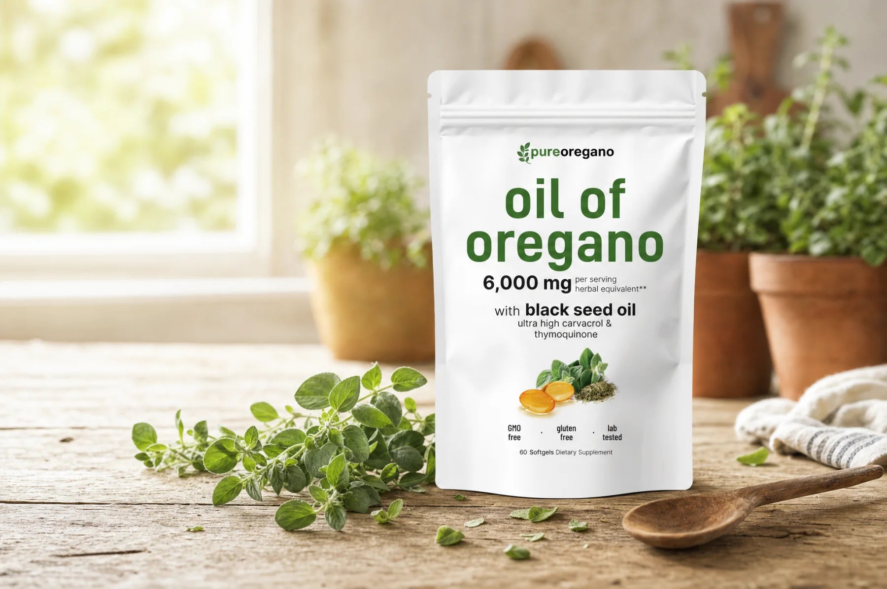 Pure Oregano oil of oregano pouch on a sunlit kitchen table with fresh oregano and potted herbs