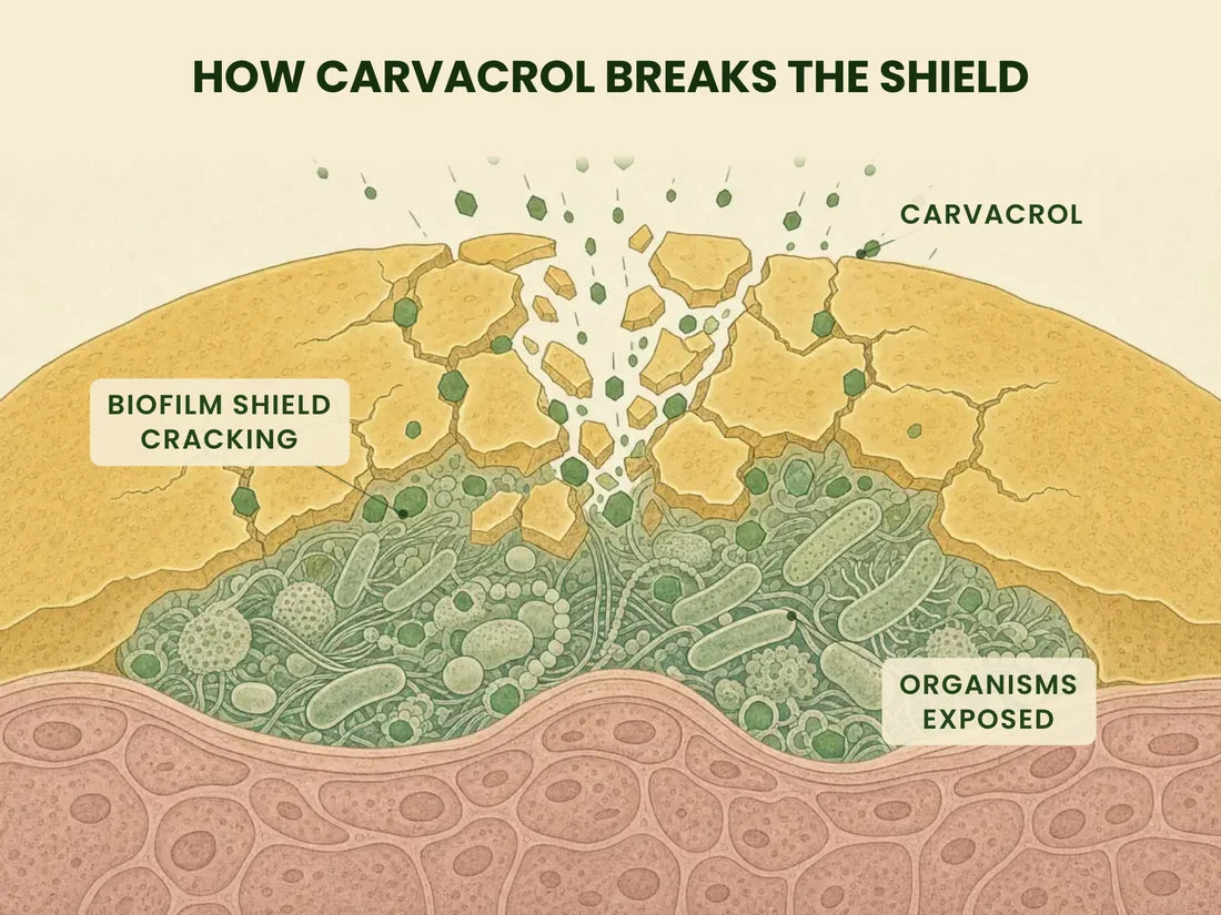 Diagram, “How carvacrol breaks the shield”: a hard biofilm shield fracturing open as labelled carvacrol particles drive through the cracks, exposing the organisms sheltering underneath