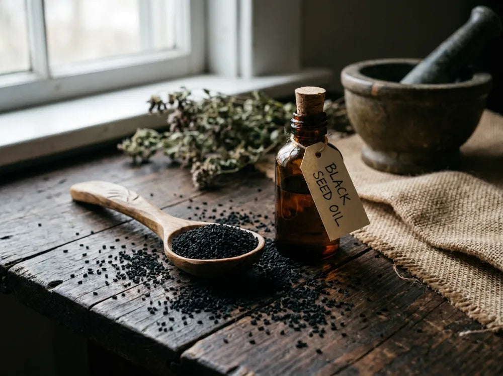 Bottle of black seed oil beside a spoon of black seeds on a rustic wooden table