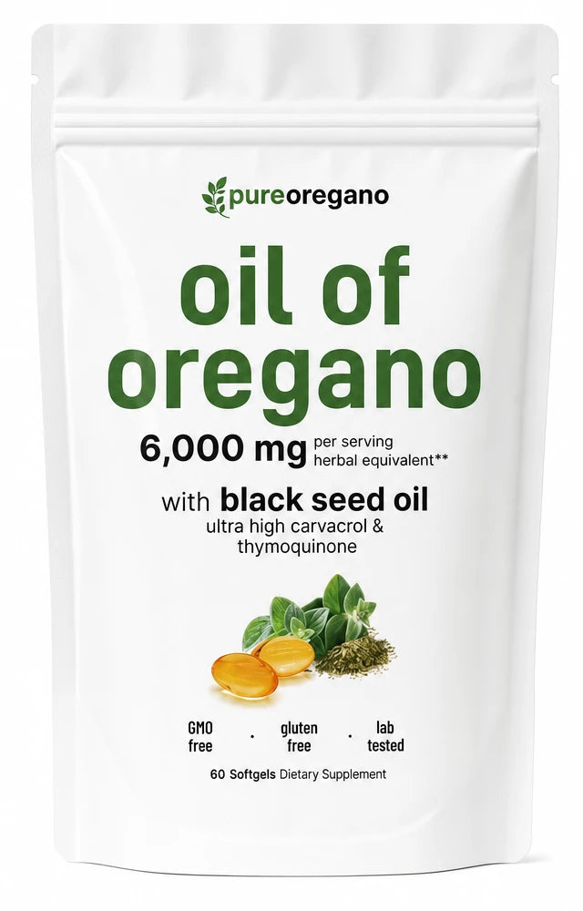 Pure Oregano oil of oregano pouch, dose and carvacrol content printed on the front