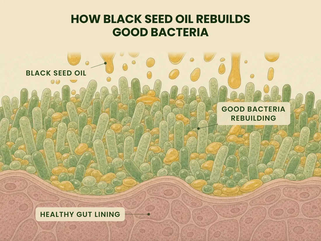 Diagram, “How black seed oil rebuilds good bacteria”: labelled black seed oil settling over a dense carpet of good bacteria thriving along a healthy gut lining