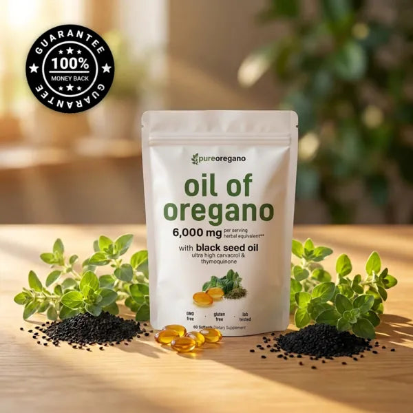PureOregano™ Oil Of Oregano pouch on a sunlit kitchen table with fresh oregano, black seed and softgels