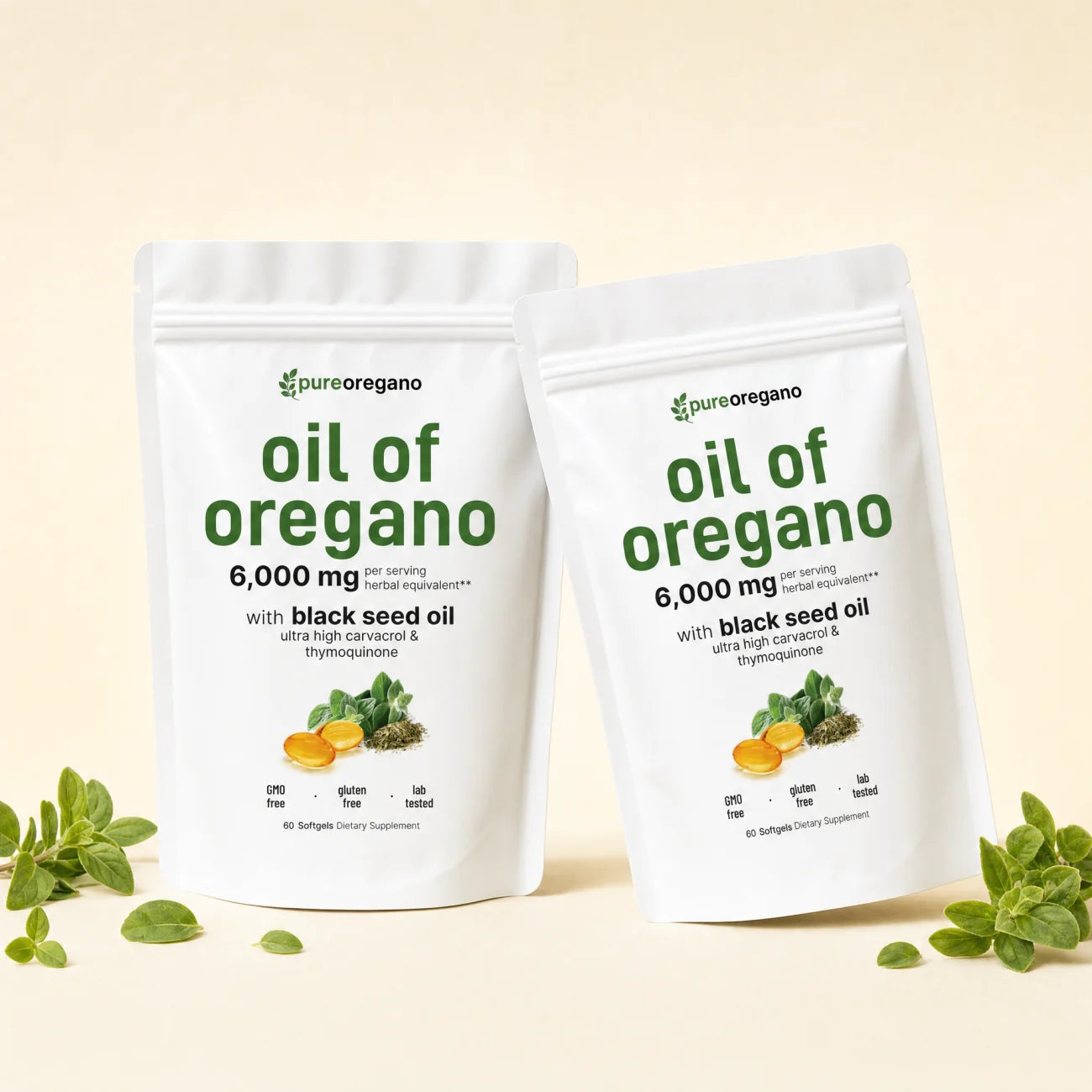 Two bags of Pure Oregano oil of oregano — a full 60-day supply