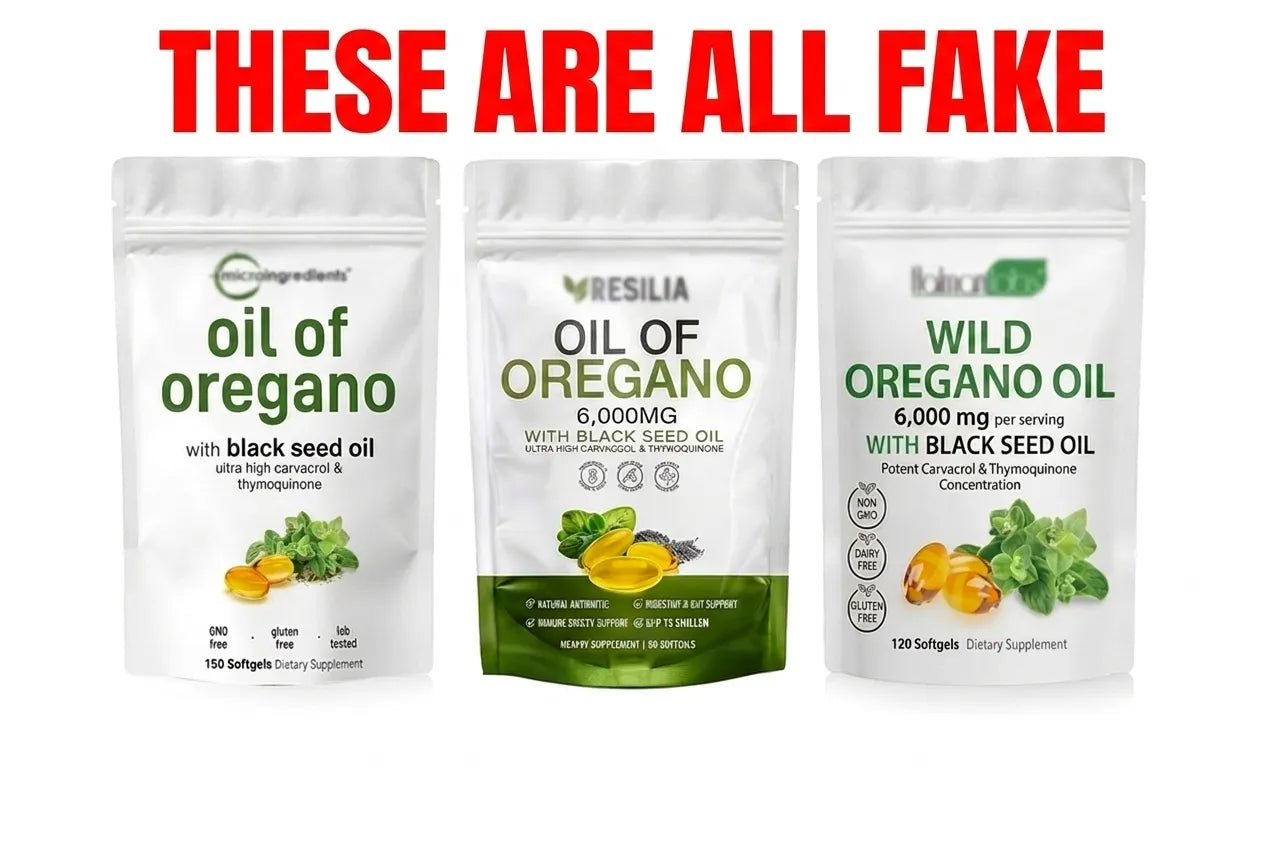 Three competitor oil of oregano pouches side by side, all labeled as fake